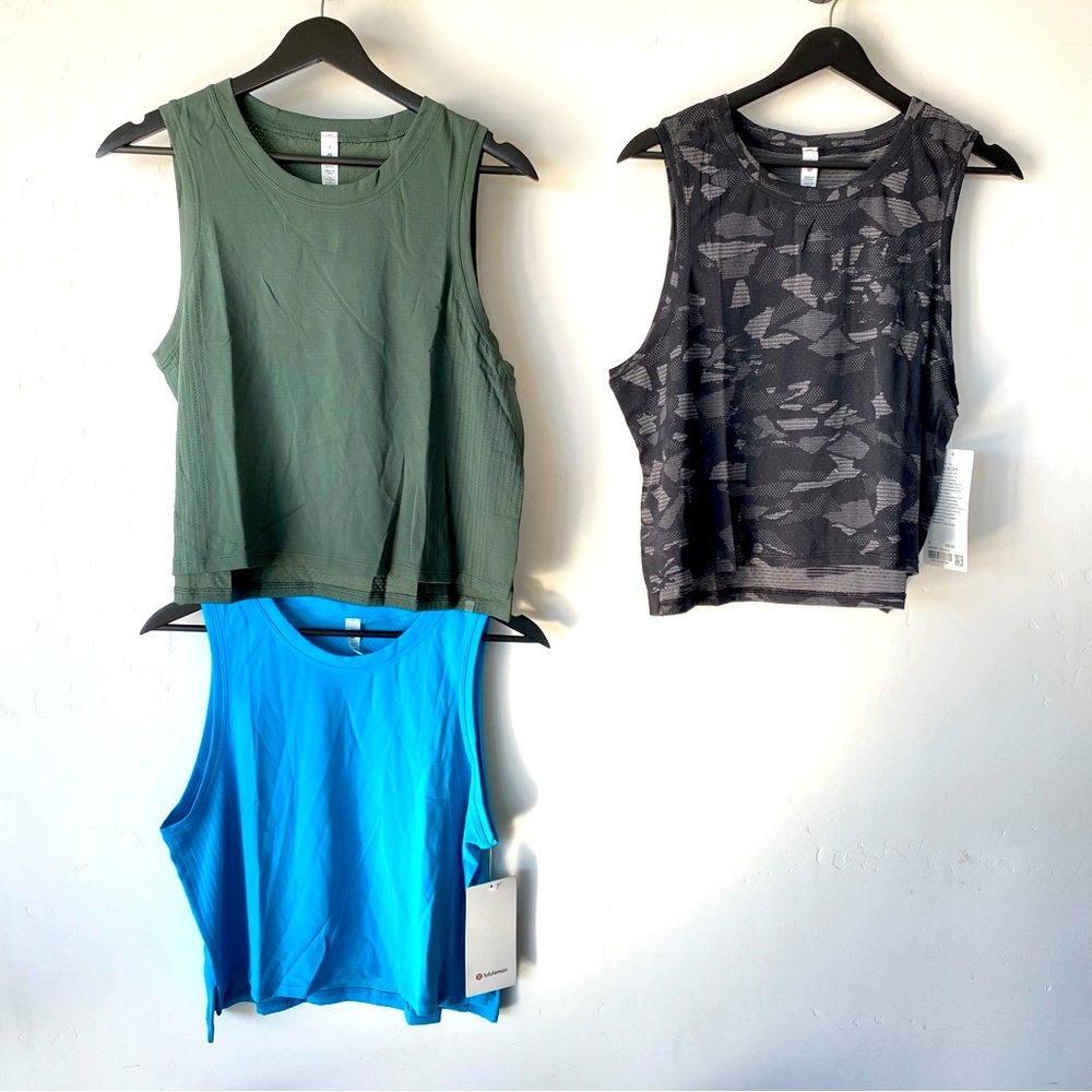 Lululemon Bundle, Crop Tank Top, Army Green, Black, Blue Size 8, New with tags.